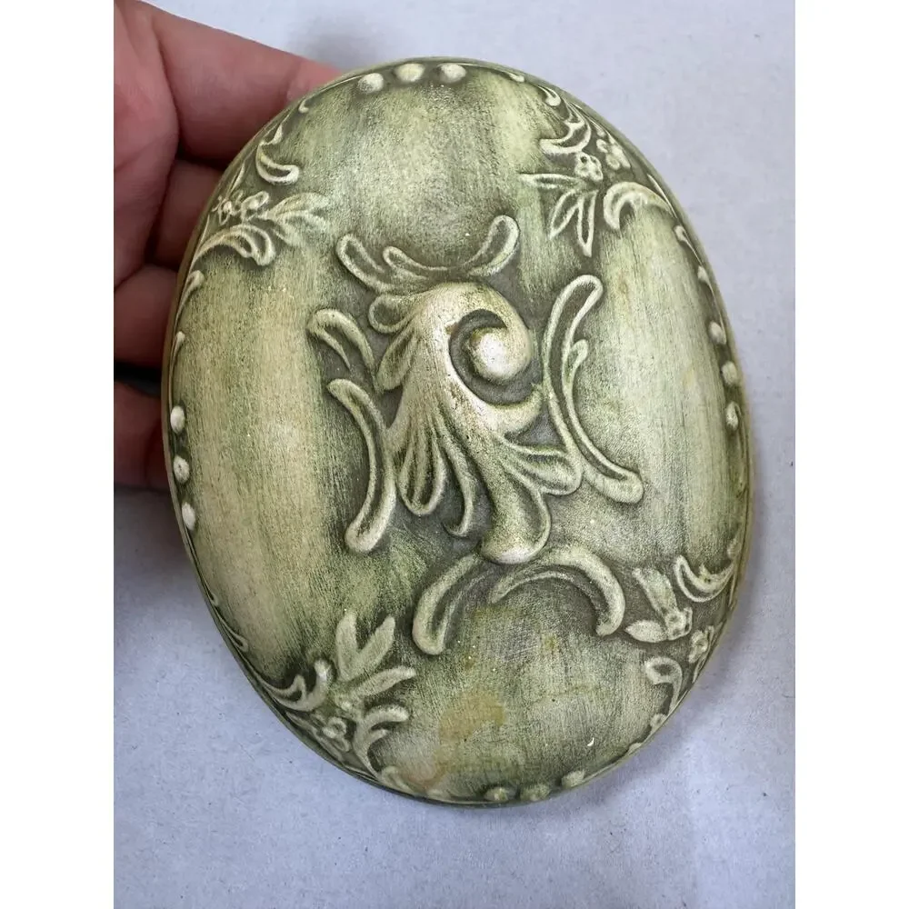 Vintage Art Nouveau Style Ceramic Jewelry Casket Green Patina Finish Marked GB